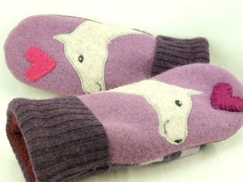 Felted Wool Mittens Horse Recycled Wool Mittens Lilac Grey Pink Horse Applique Fleece Lining Leather Palm Eco Friendly Upcycled Size S/M