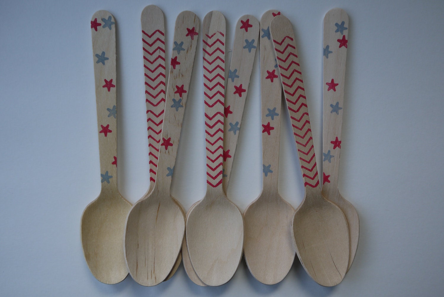 20 Customized Wooden Utensils - Stars and Chevron Combination - Great For Parties