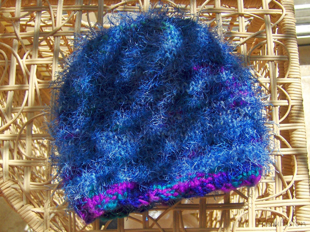 Navy Blue Furry Knitted Scrap Hat - Eco Conscious fuzzy beanie in purple, blue, and green