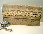 Envelope Clutch - Vintage Tan Brocade Fabric - Vintage Hand Crochet Lace- SALE