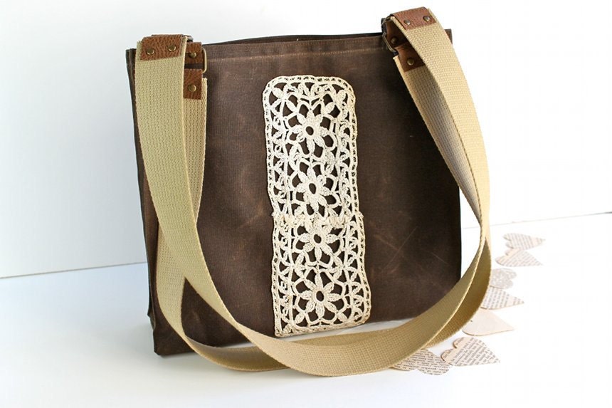 Waxed Canvas Tote Bag -Women's Shoulder Bag - Vintage Lace - Chestnut Brown