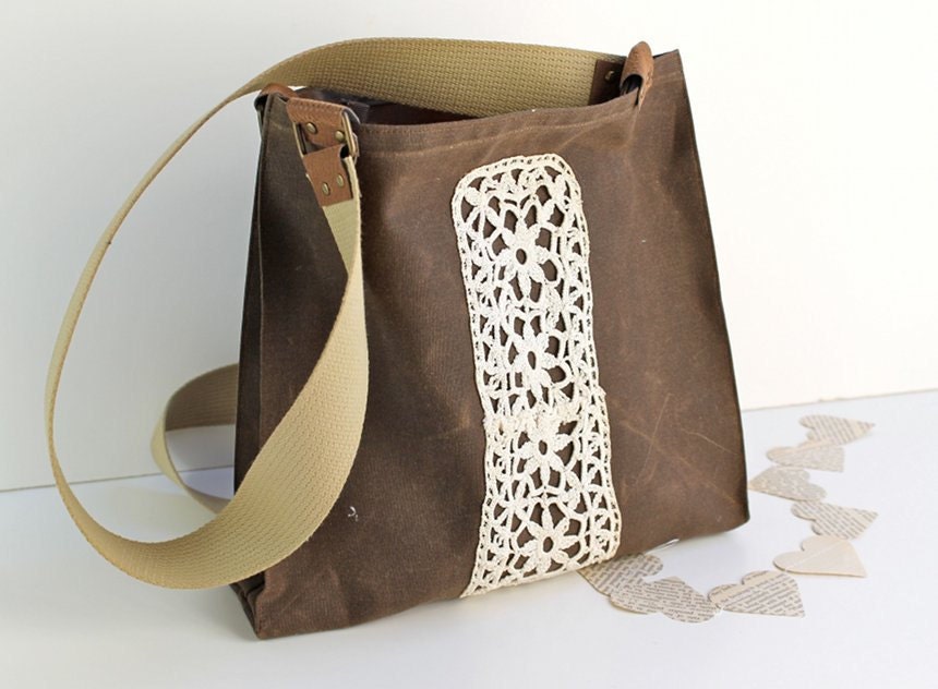 Waxed Canvas Tote Bag -Women's Shoulder Bag - Vintage Lace - Chestnut Brown