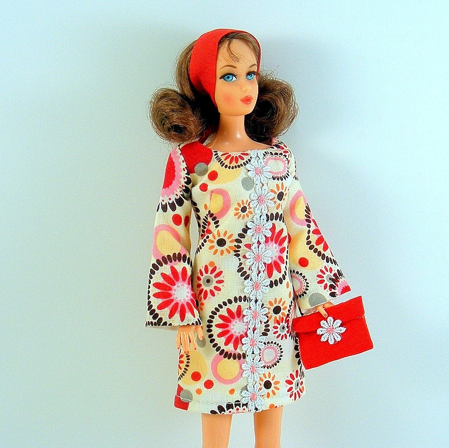 RESERVED LISTING Barbie Dress For Vintage Repro 60s Mod Fashion Flared Sleeves Mini Red Pink Floral