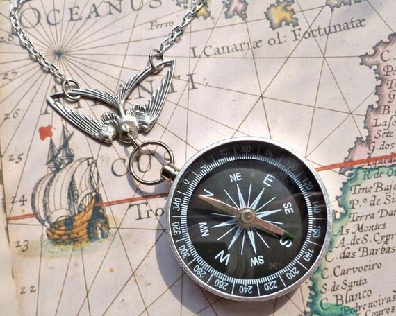 Compass Black and Silver Flying Swallow Bird Necklace Hike