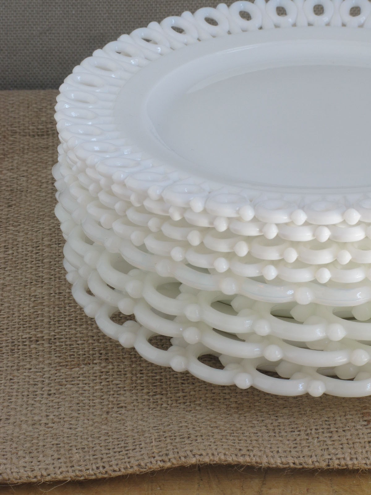 Plates Salad/Dessert - 1930s Set of 8 Lace Edged Milk Glass Made up of 2 Different Patterns