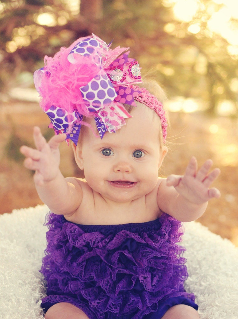 Dark Purple and Hot Pink Over The Top Funky Boutique Hair Bow on Matching Headband Free Shipping On All Addional Items