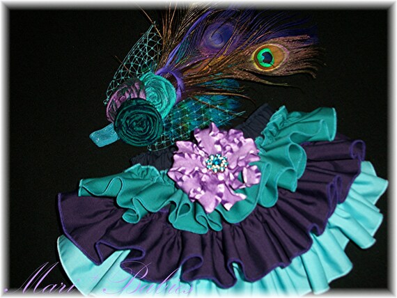 The Royal Collection -' Princess Daisy's Peacock '-Fancy Pants Ruffled Diaper Cover with Matching Vintage Inspired Headpiece-PHOTO PROP