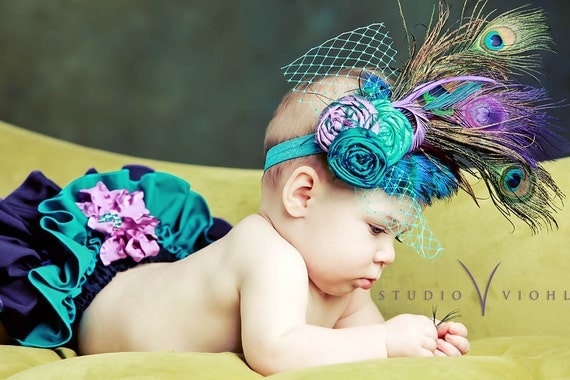 The Royal Collection -' Princess Daisy's Peacock '-Fancy Pants Ruffled Diaper Cover with Matching Vintage Inspired Headpiece-PHOTO PROP