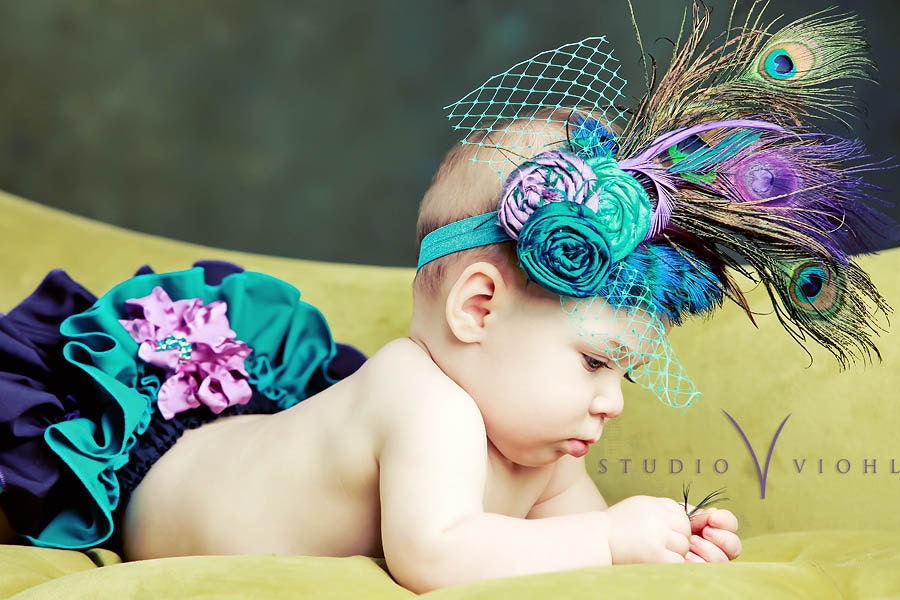 The Royal Collection -' Princess Daisy's Peacock '-Fancy Pants Ruffled Diaper Cover with Matching Vintage Inspired Headpiece-PHOTO PROP