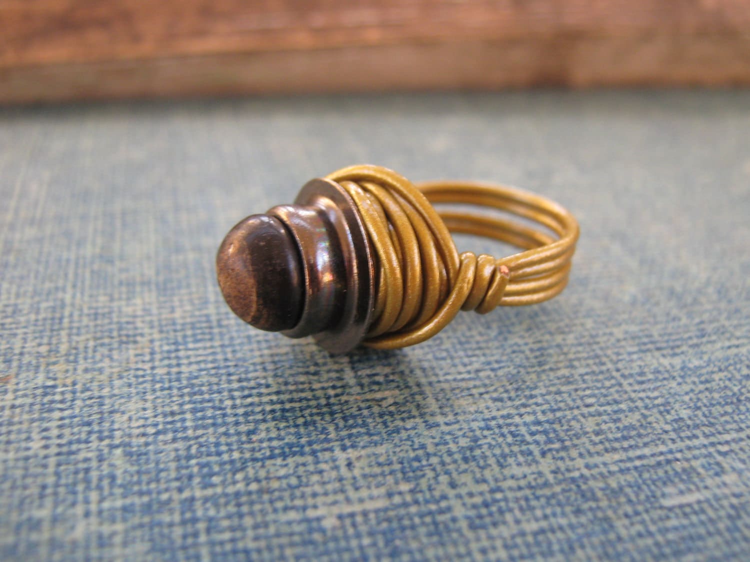 Vintage Button Ring Upcycled Jewelry Vintage Brown Button Earth Tones Bronze Wire Wrapped Ring Size 6