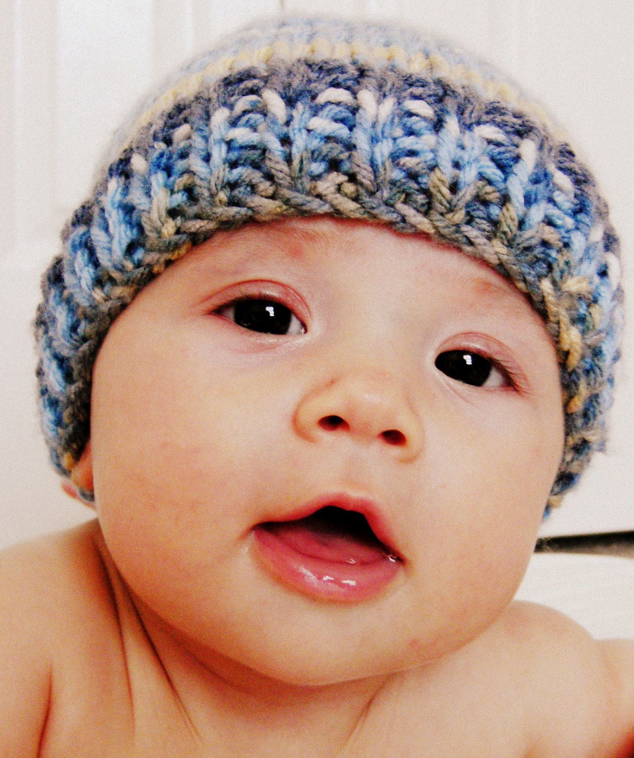 Hand knit toddler fair isle and stripe baby hat beanie infant  NB newborn custom handmade blue white tan photo prop