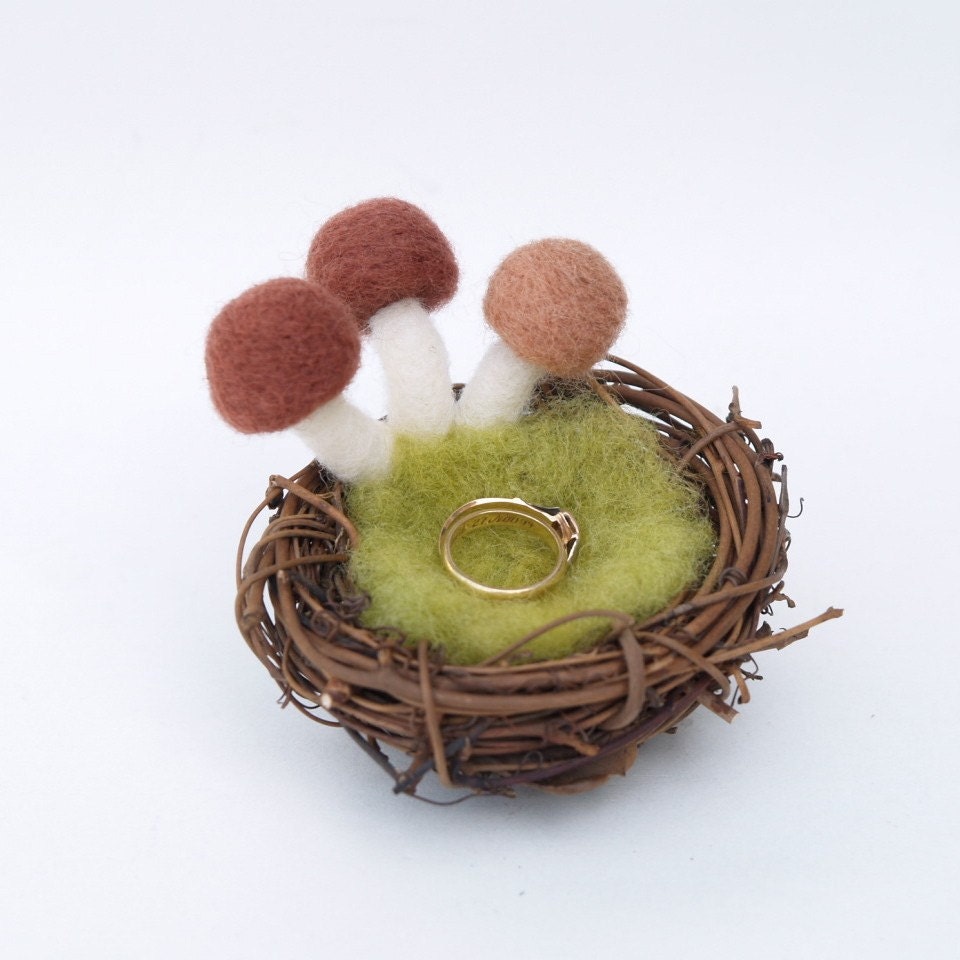 Mossy Ring Bearers Pillow, Rustic Woodland Wedding Fairytale Nest Mushrooms Wool Woolly Felt Toadstool