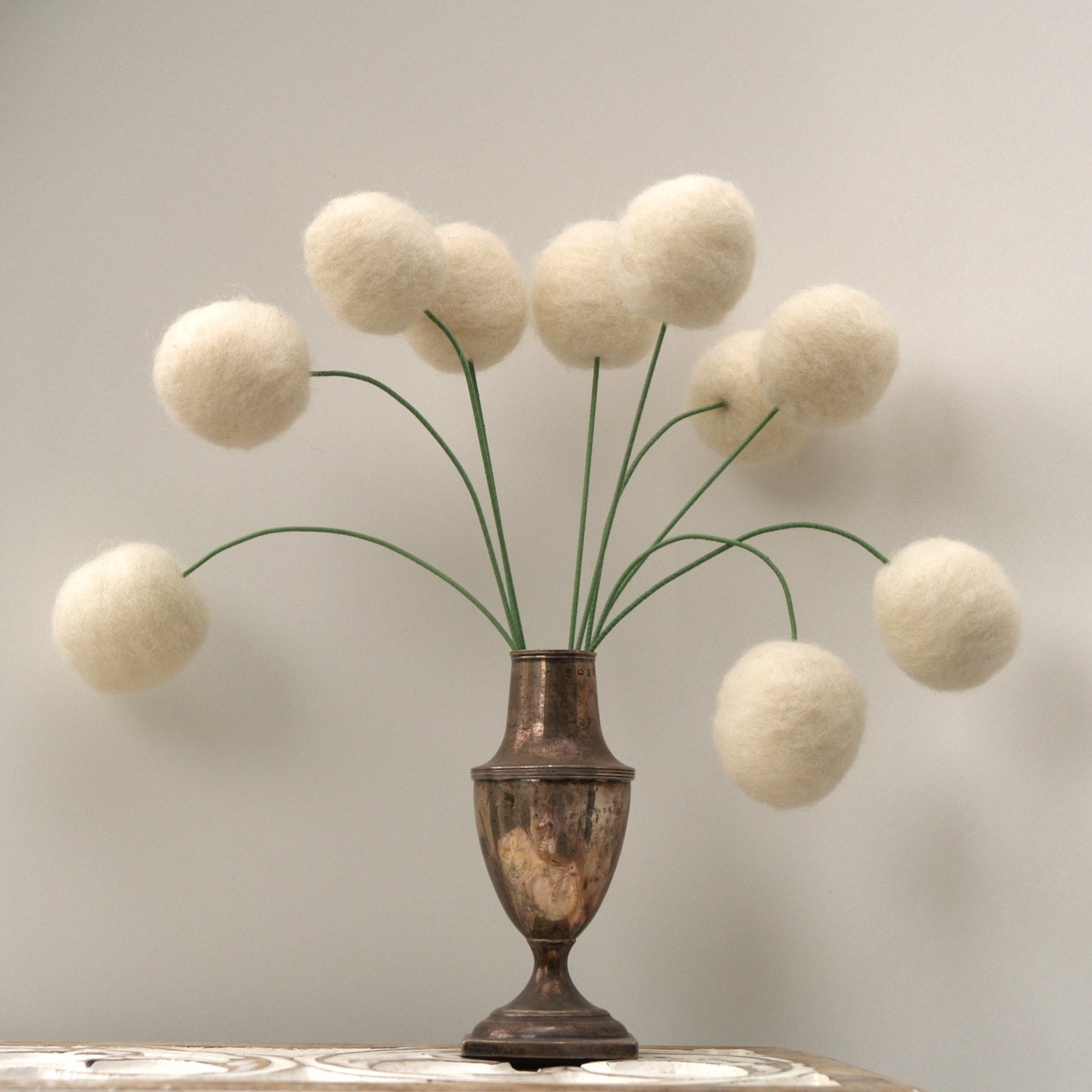 Wool Flowers, felt Craspedia Billy Button Ball Bloom snow white home decor wedding bride bouquet handmade housewarming gift large