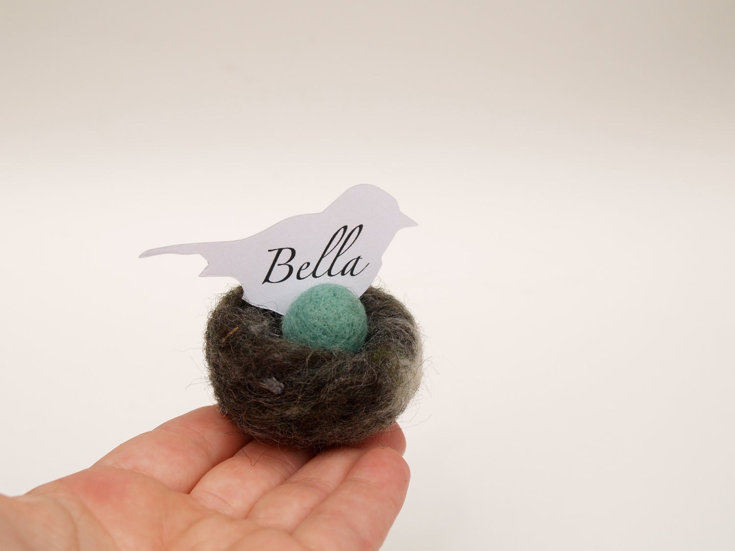 Woodland Nest Place Cards, Woolly Wedding Decoration, set of 5 turquoise robins blue egg in woolly nest Woodlandteamt