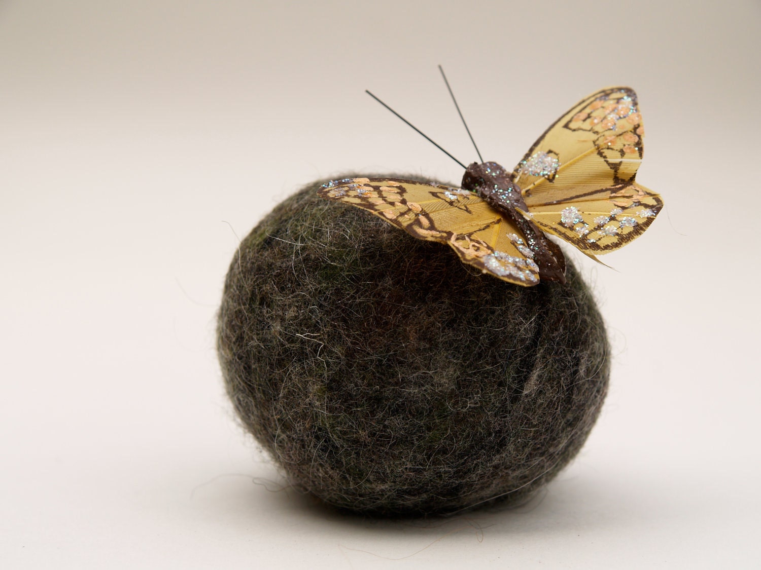 Felted Rock, pebbble stone wool felt home decor all natural butterfly Stocking Stuffer paperweight office hostess gift earth brown