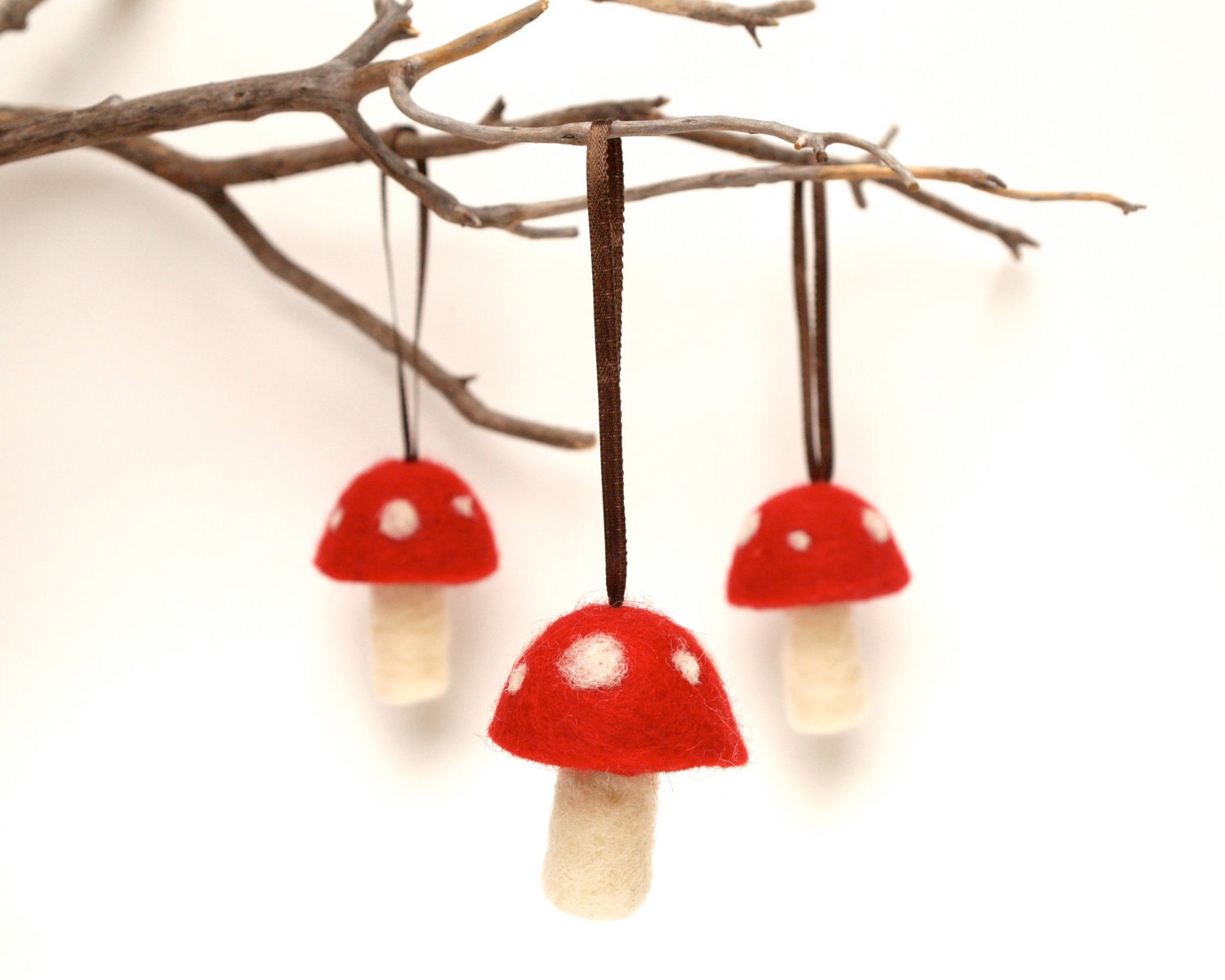 Red Toadstool Ornaments, red felted mushroom decorations woodland tree, handmade nature inspired white Christmas, Aice in Wonderland