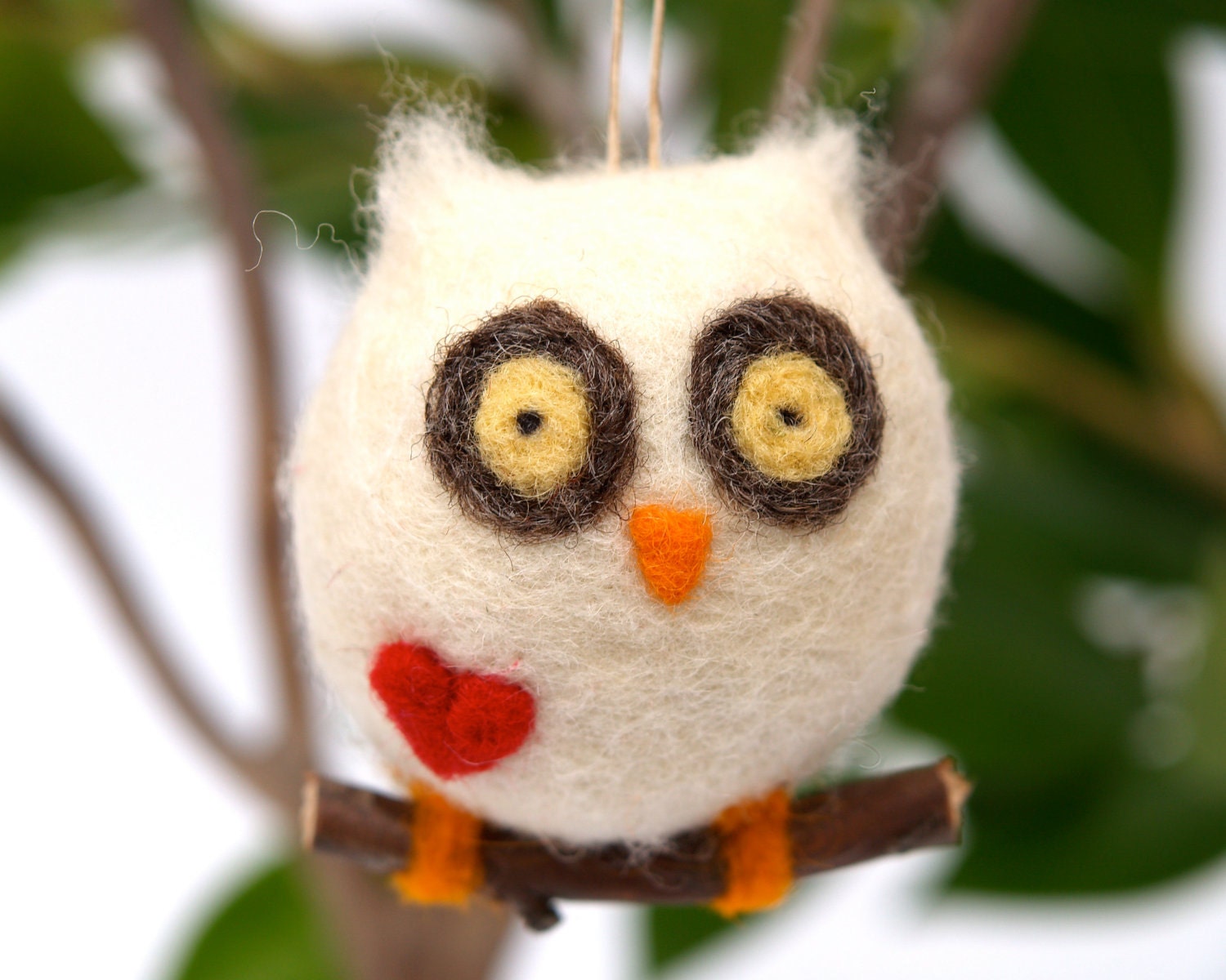 Love Owl Ornament Christmas Gift Wool Needle Felt Decorations Woodland Waldorf Cute Bird Fairytale Baby Nursery White Fairyfolk - Fairyfolk