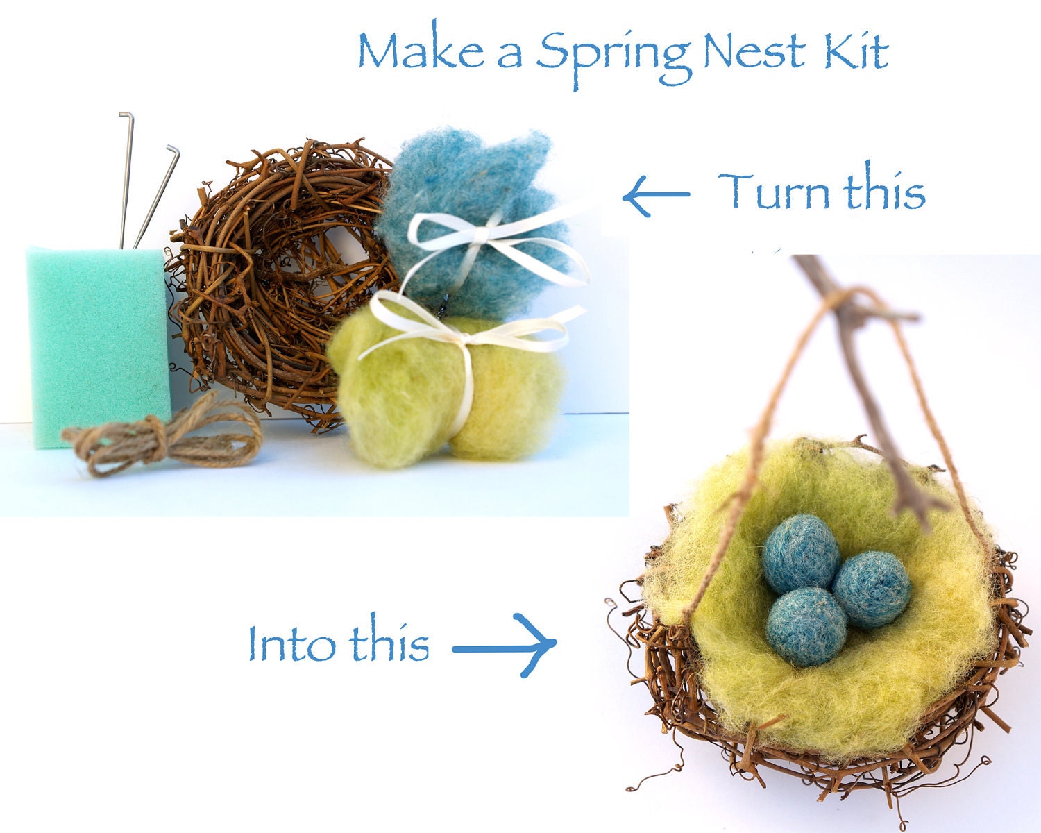 Needle Felting Kit, Spring Nest tutorial wool felt diy do it yourself waldorf craft handmade supplies woodland robin egg blue Easter