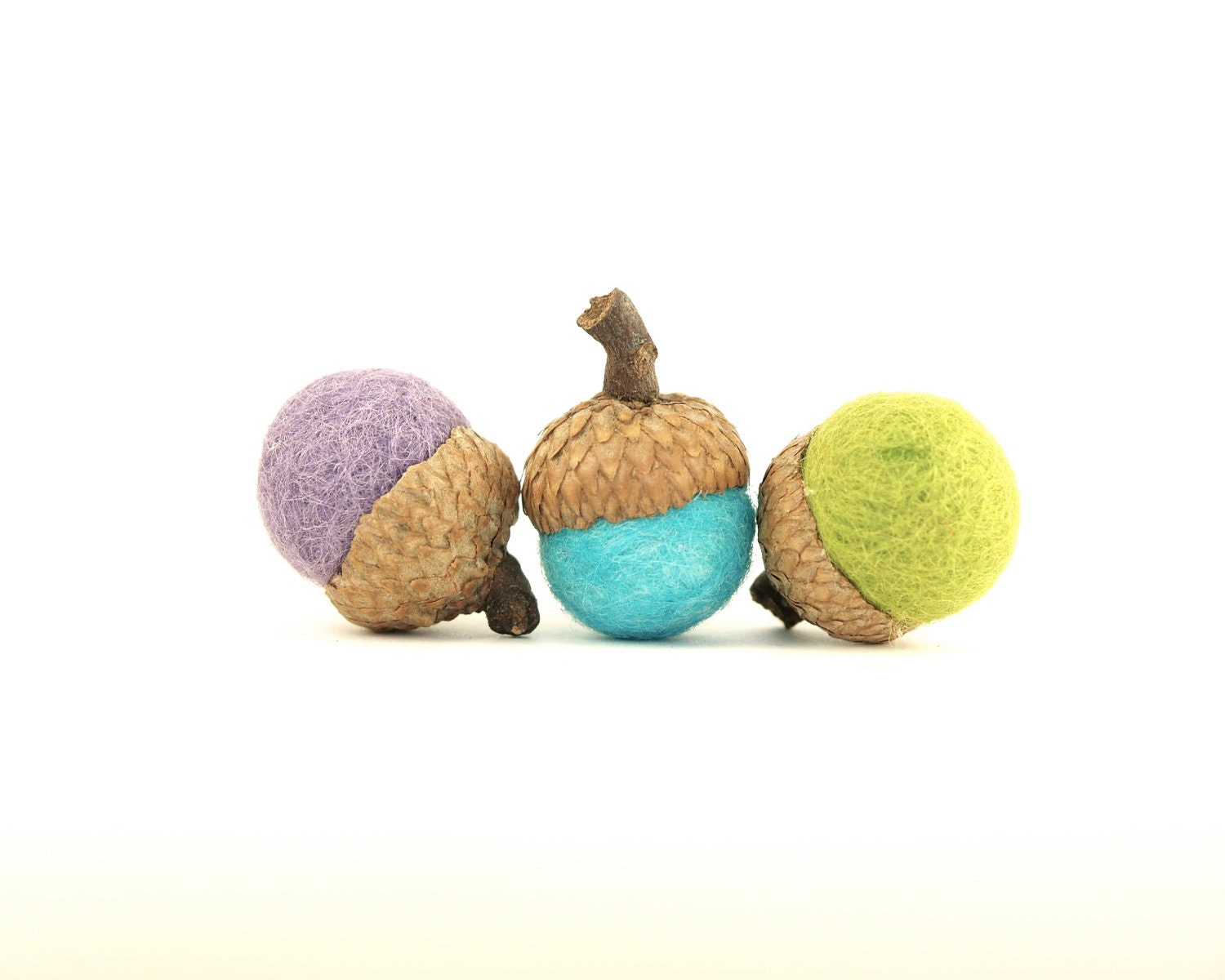 Felted Wool Acorns, Colorful Autumn and Fall Home Decorating, Lavender Purple, Turquoise Blue and Lime Green - set of 9 - Fairyfolk