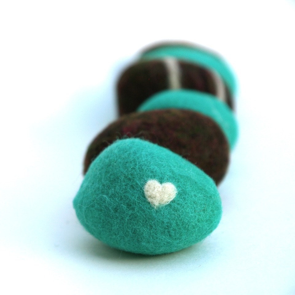 Teal and Chocolate Felted Stones - Set of 6.
