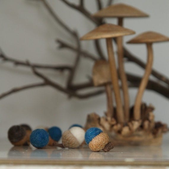 Needle Felted Acorns, Handmade wool Felt 12 Home Decor Midnight Blue Waldorf Woodland Natural Nature Autumn Fall Thanksgiving Country
