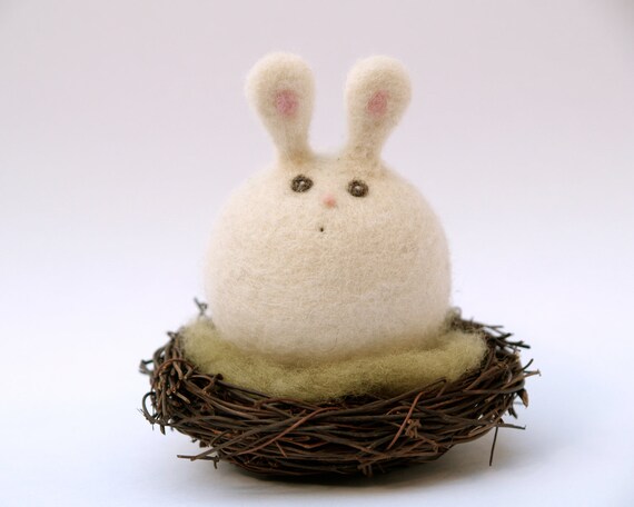 Easter Bunny Toy sitting on her nest . Very sweet and VERY cute . Needle Felted Wool