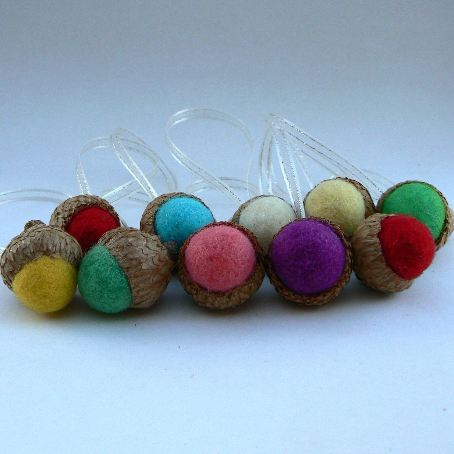Handmade Christmas Ornaments, Acorn Ornaments, Decorations, 10 Hanging Felted Acorns, colorful pastel wool rainow, eco friendly, all natural
