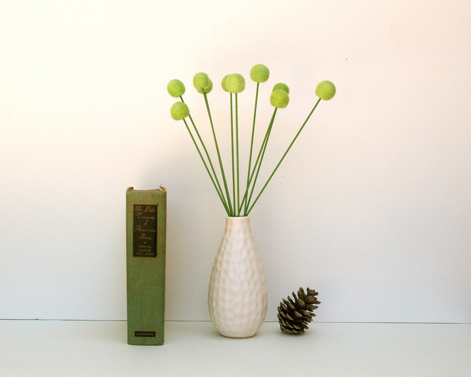 Lime Green Home Decor, Craspedia flowers wool billy button ball pom pom felt Woodland colorful floral arrangement everlasting