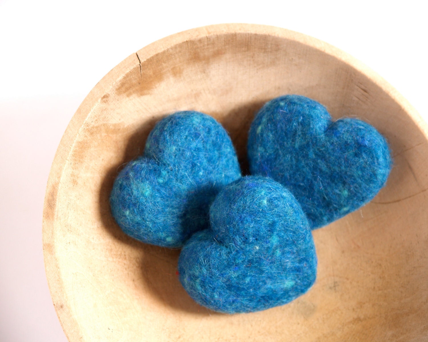 Needle Felted Hearts, Nautical Blue, 3 Large Felt Wool Hearts, Love gift Beach Cottage Home Decor - Seventh Wedding Anniversary 7th