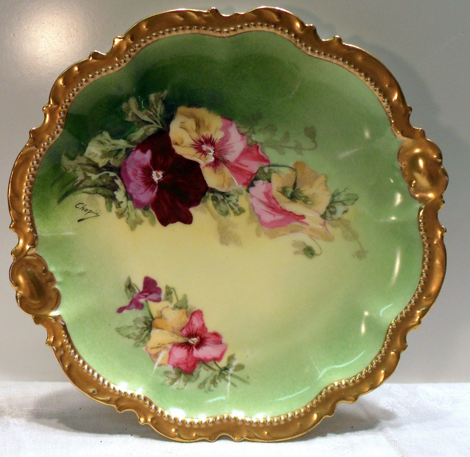 Victorian Chopin Limoges France Plate Circa 1900 Brilliant Pansies Artist Signed