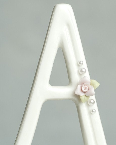 Rose and Pearl Accented Porcelain Monogram Cake Topper