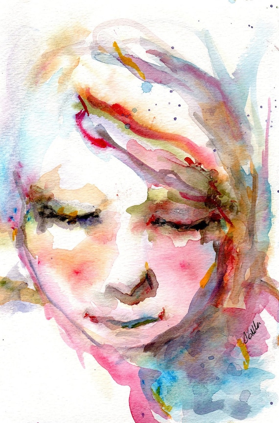 Blue Angel Face of a Young Woman In Watercolor Blues and Purples and Pinks