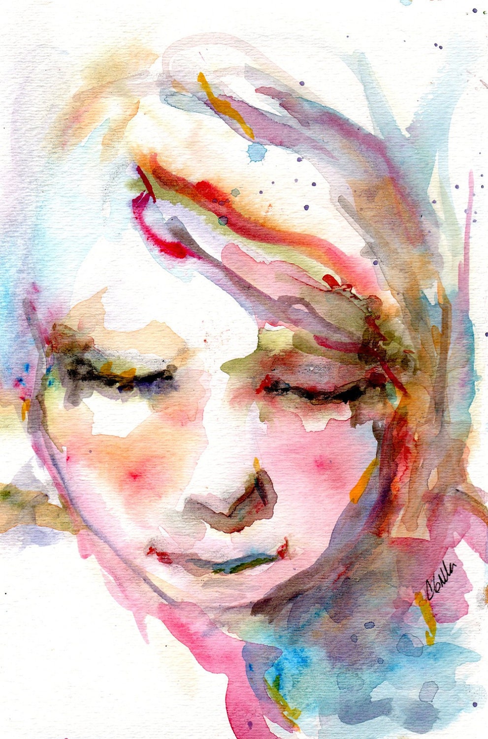 Blue Angel Face of a Young Woman In Watercolor Blues and Purples and Pinks