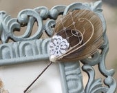 LATTE Peacock Feather Hair Piece Hair Pin - Feather Hair Pins - lace chocolate tan beige mocha brown cream ivory - vintage pretty