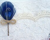 4 Bridesmaid Feather Hair Pins, Rustic Wedding Hair Pieces in BOHO, Peacock Hair Pin - royal blue brown natural tan - bow
