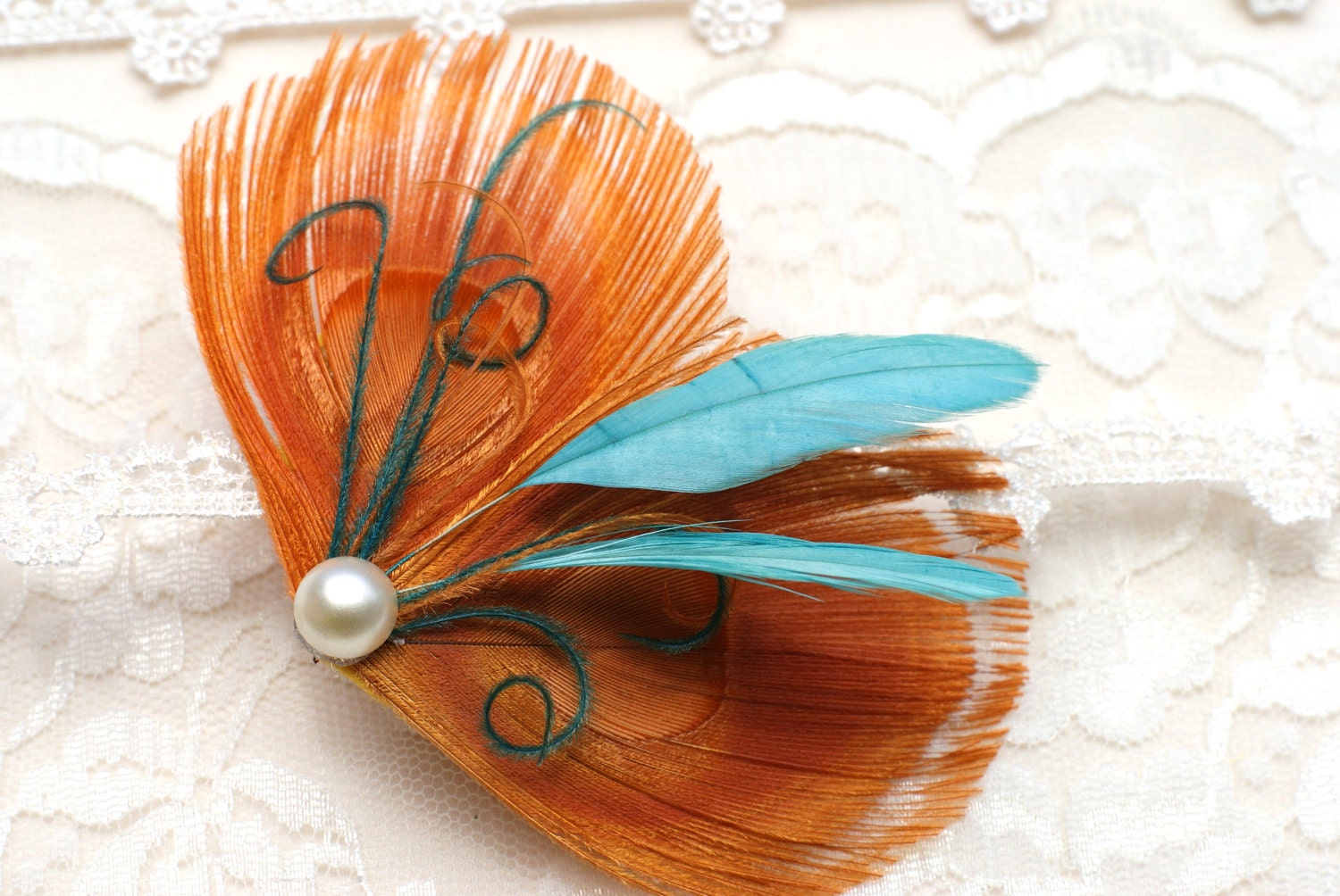 3 Bridesmaid Feather Hair Pins, Peacock Hair Accessory, Bridesmaid Gift - Hair Pin in TANGERINE - orange ivory spring wedding