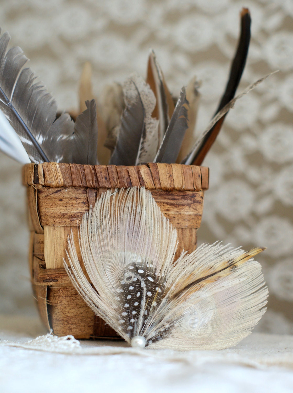 Feather Hair Clip, Peacock Feather Hair Fascinator, Ivory Hair Piece Peacock TIGER LILLY - rustic woodland natural boho vintage pretty