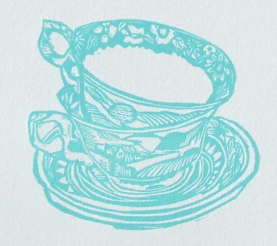 Gorgeous teal teacup stack  letterpress print
