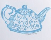 little blue teapot original linocut print