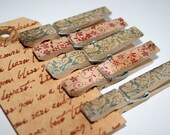 Vintage Style Clothespin Set - Stamped and Distressed - Blue Brocade & Ruby Red Blossoms - inspirationsbyfaith