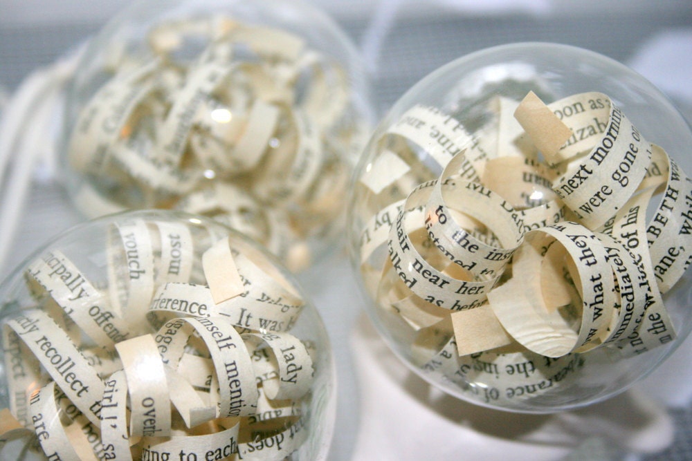 Pride and Prejudice Ornament Set- Shabby Chic Vintage Book Pages in Glass Bulb for Christmas Decor