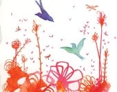 Colorful birds and flowers original watercolor-Fanciful Flight
