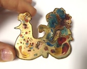 vintage 60s mod abstract mad men era peacock copper and enamel multi colored brooch modernist