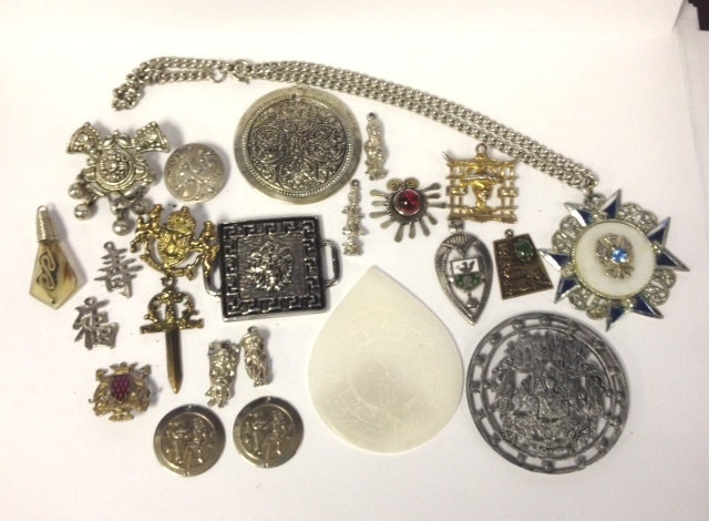SALE Lot of 22 vintage medieval and asian charms, brooch and destash items 30s-80s