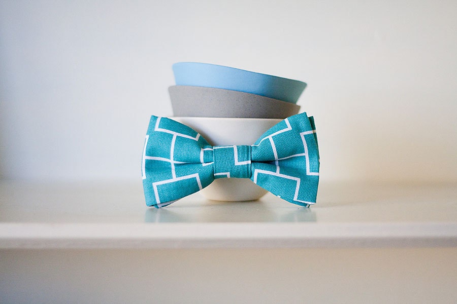 Aqua Blue Geometric Bow Tie- Child Size