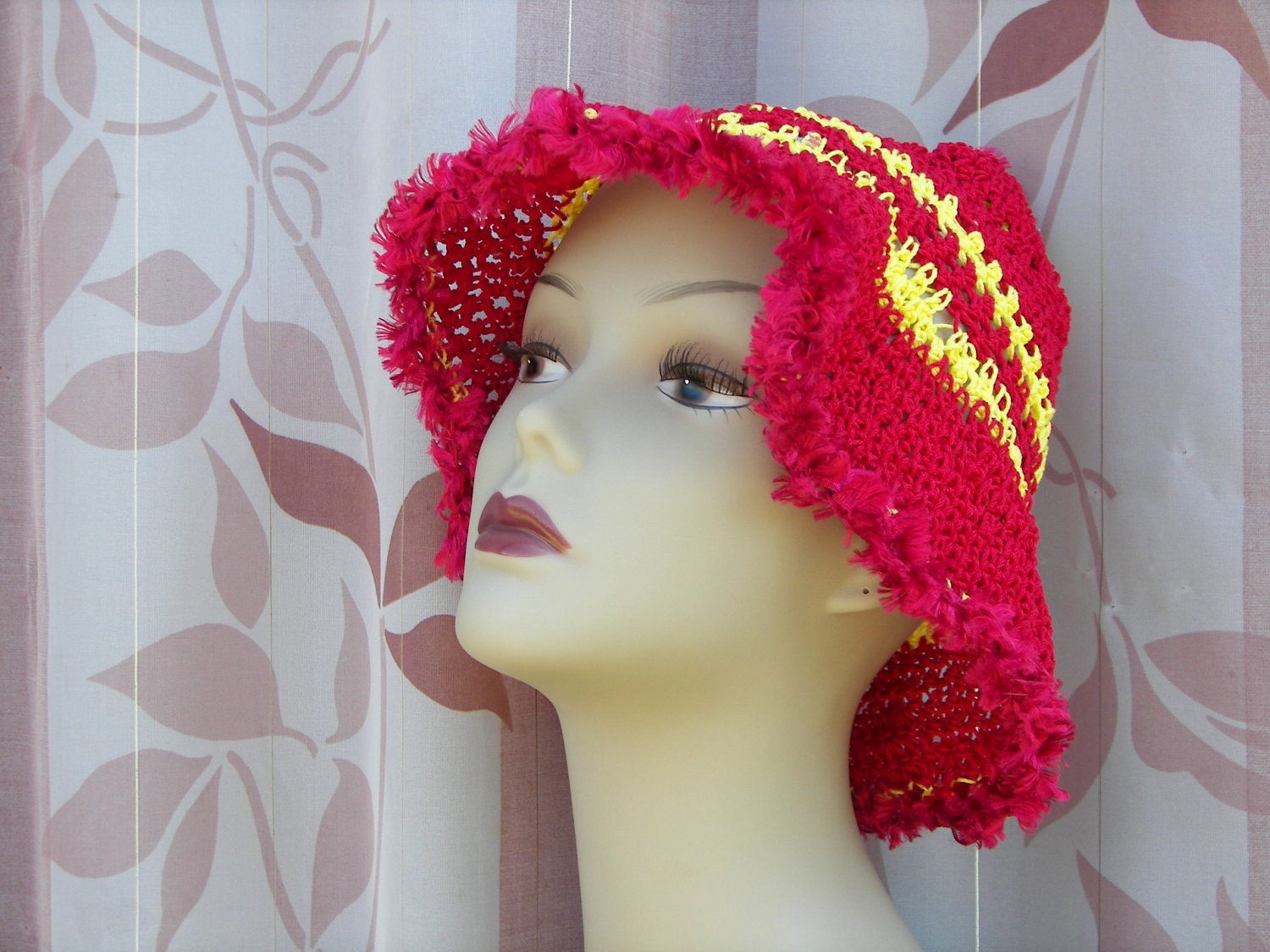 Gnome BRIM Hat Hand Crochet Bright RED GOLD Free Shipping
