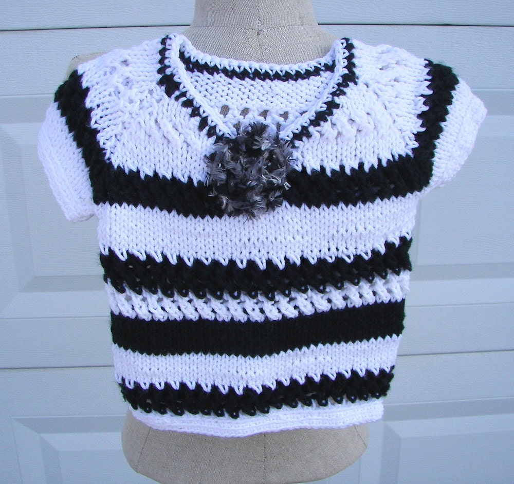 Short Sleeve Sweater for a Girl in BLACK WHITE Hand Knitted in USA