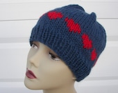 RED Hearts on Blue Hand Knit Beanie