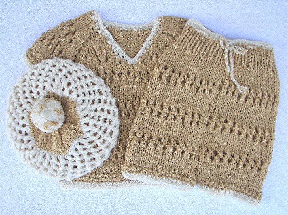 Shorties Set with Sweater and Pom-Pom Hat Hand Knitted from soft yellow metallic yarn