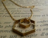 Double Hexagon Necklace, Two Brass Hexagons on a thin long gold fill chain
